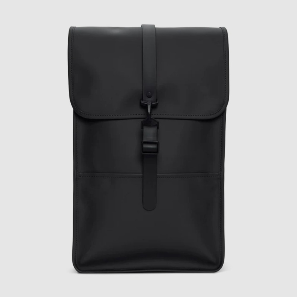 Rains Black Waterproof Laptop Backpack Matte Rucksack Macrobond Logo Minimalist